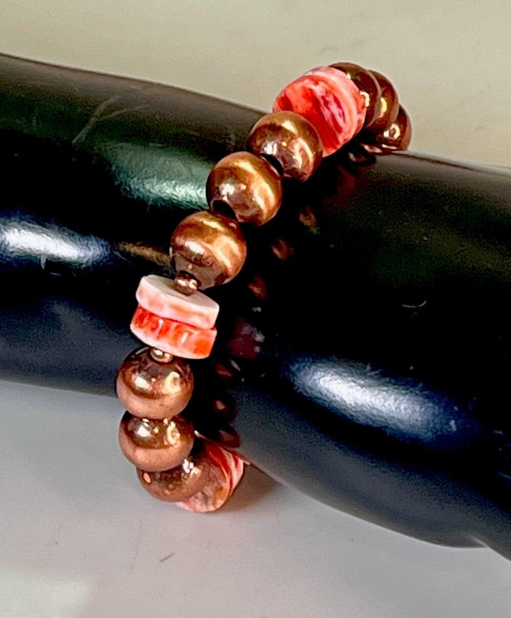 Southwest Red Spiny Oyster Heishi Bead & Copper Desert Pearl Stretch Bracelet